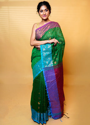 Green Khadi Cotton Saree With Blouse Piece