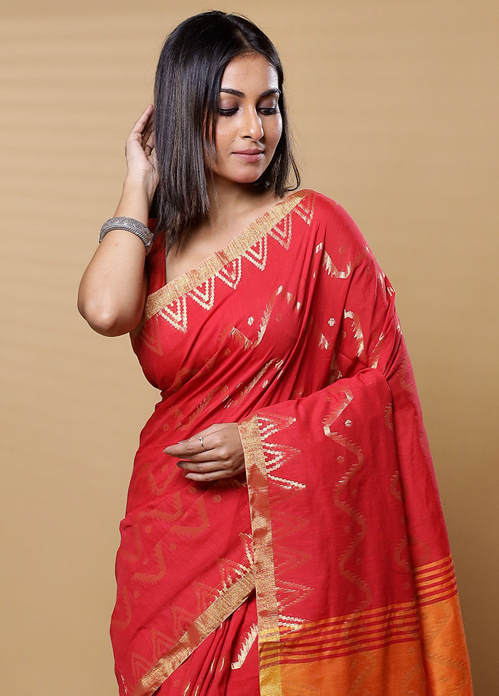 Red Khadi Cotton Saree With Blouse Piece