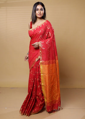 Red Khadi Cotton Saree With Blouse Piece