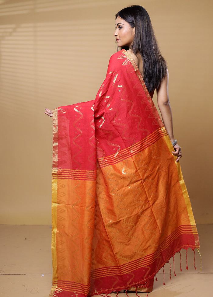 Red Khadi Cotton Saree With Blouse Piece