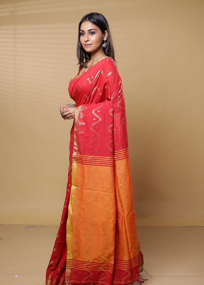 Red Khadi Cotton Saree With Blouse Piece