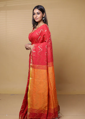 Red Khadi Cotton Saree With Blouse Piece