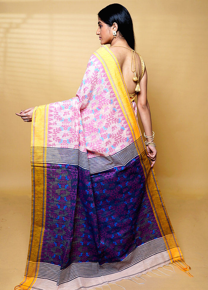 Blue Khadi Cotton Saree With Blouse Piece