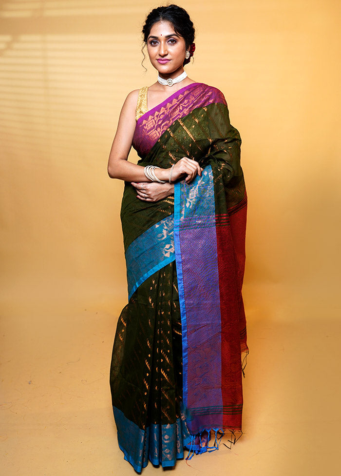 Green Khadi Cotton Saree With Blouse Piece