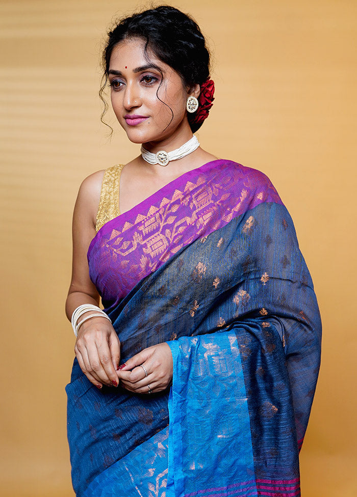 Blue Khadi Cotton Saree With Blouse Piece