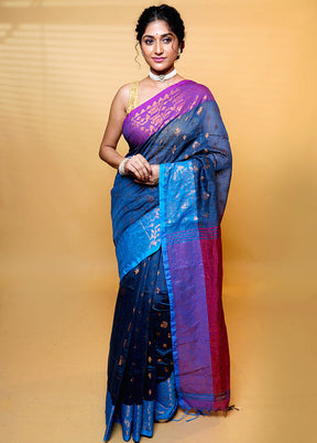 Blue Khadi Cotton Saree With Blouse Piece