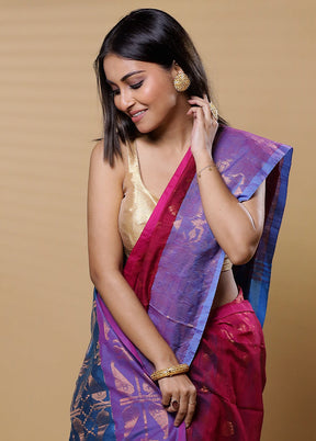 Blue Khadi Cotton Saree With Blouse Piece