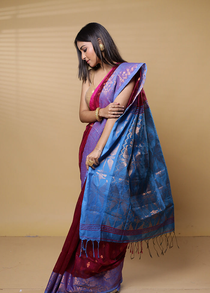 Blue Khadi Cotton Saree With Blouse Piece