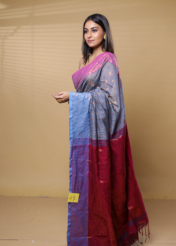 Grey Khadi Cotton Saree With Blouse Piece