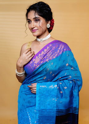 Blue Khadi Cotton Saree With Blouse Piece