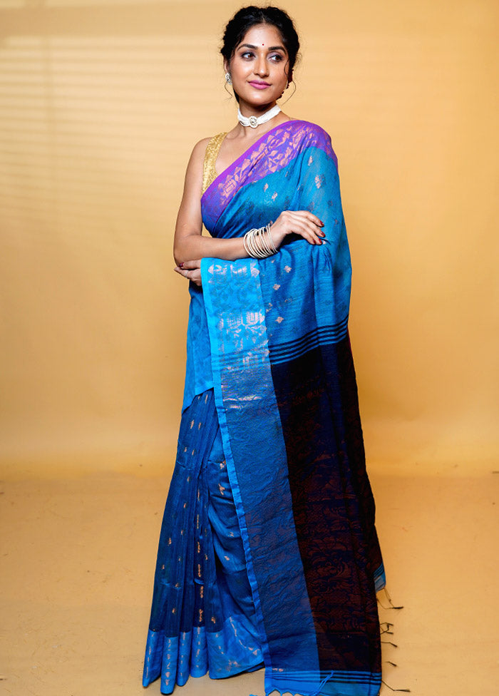 Blue Khadi Cotton Saree With Blouse Piece