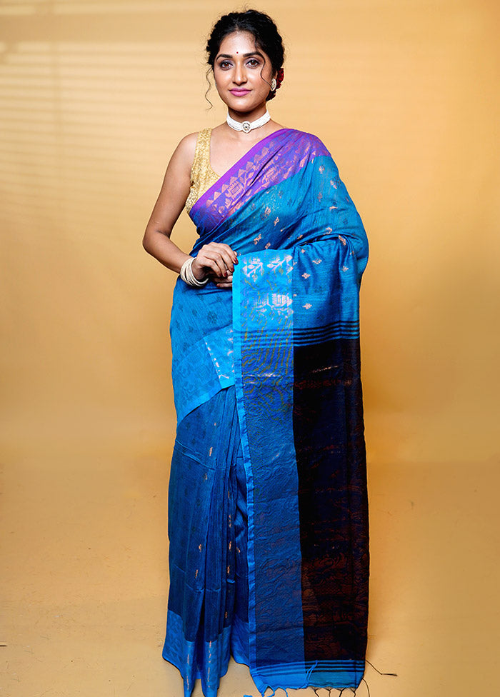 Blue Khadi Cotton Saree With Blouse Piece