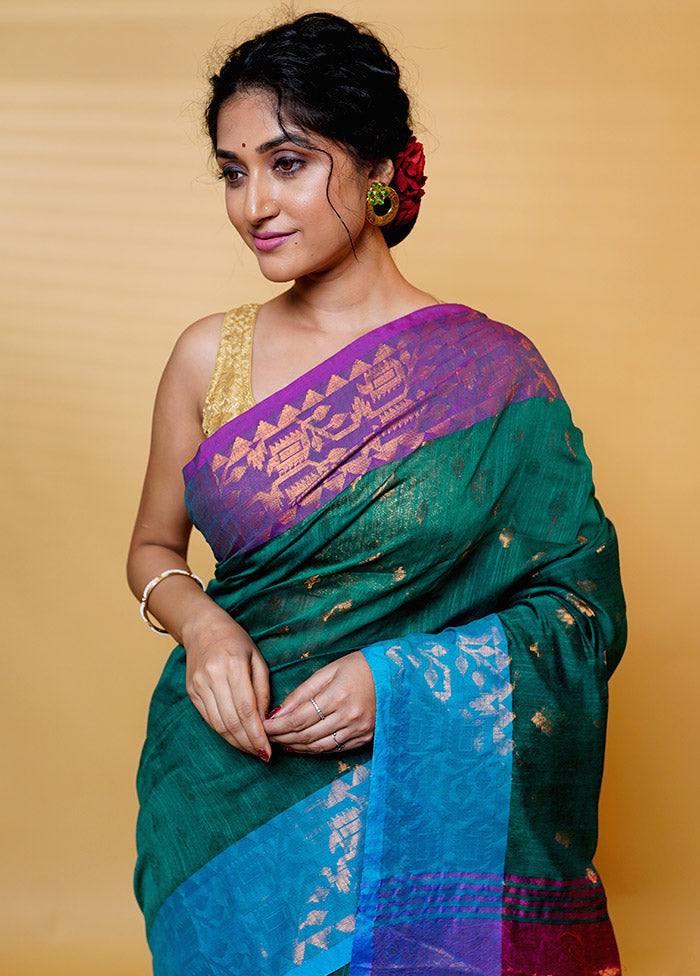 Green Khadi Cotton Saree With Blouse Piece