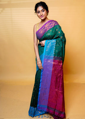 Green Khadi Cotton Saree With Blouse Piece