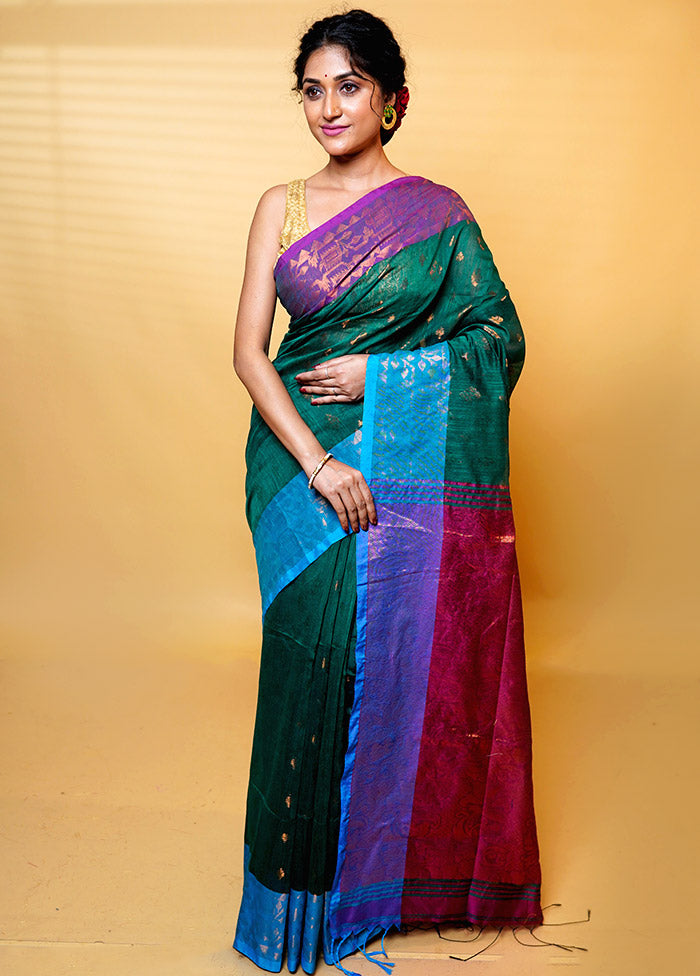 Green Khadi Cotton Saree With Blouse Piece