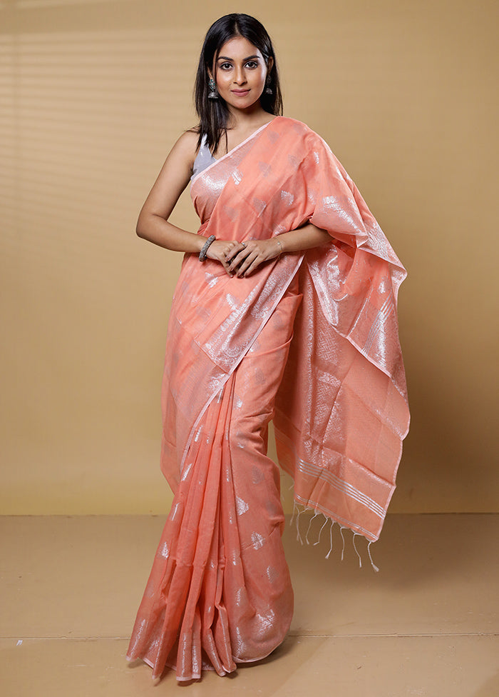 Orange Khadi Cotton Saree With Blouse Piece