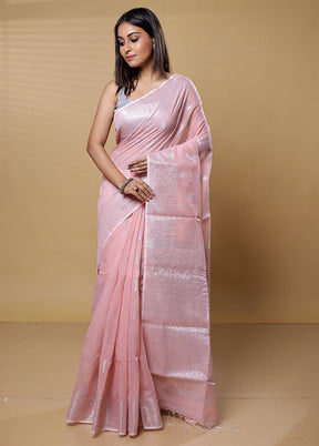 Peach Khadi Cotton Saree With Blouse Piece