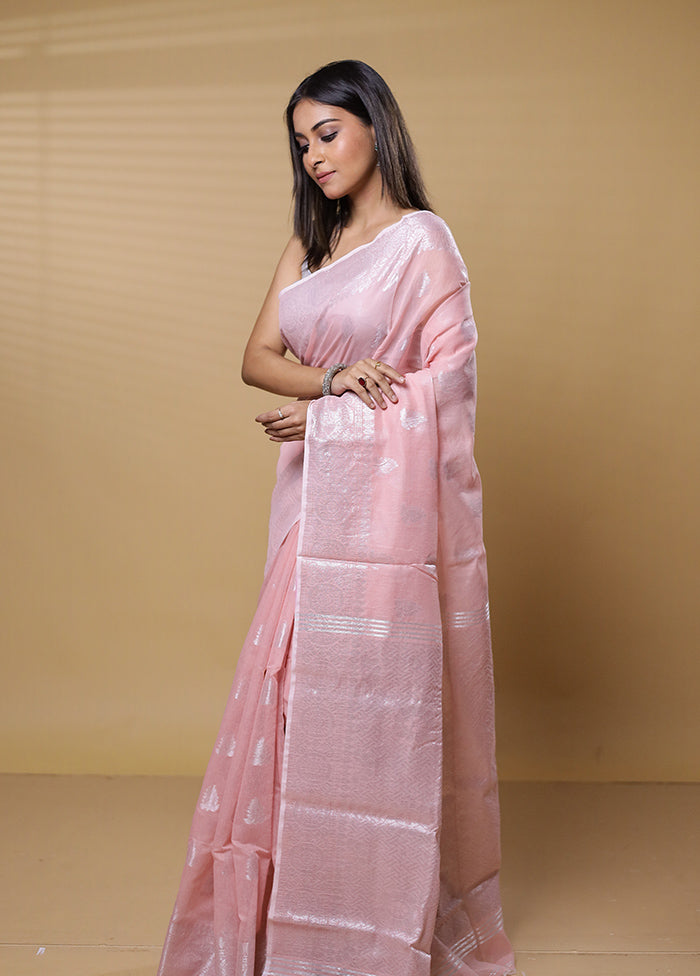 Peach Khadi Cotton Saree With Blouse Piece