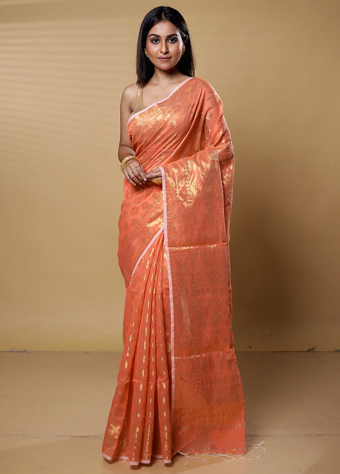 Orange Khadi Cotton Saree With Blouse Piece