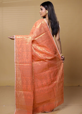 Orange Khadi Cotton Saree With Blouse Piece