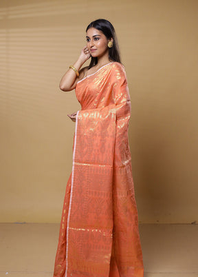 Orange Khadi Cotton Saree With Blouse Piece