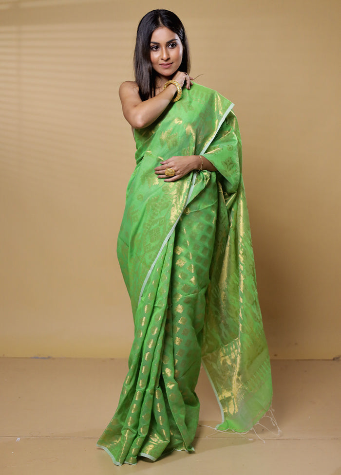 Green Khadi Cotton Saree With Blouse Piece