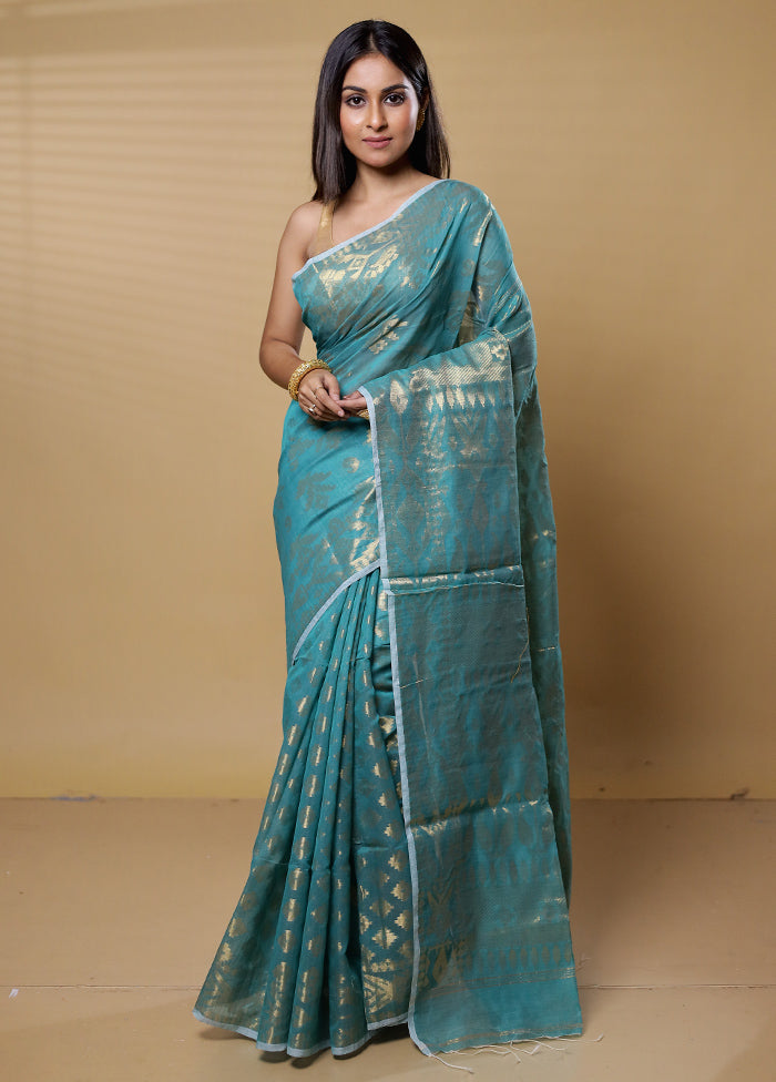 Green Khadi Cotton Saree With Blouse Piece