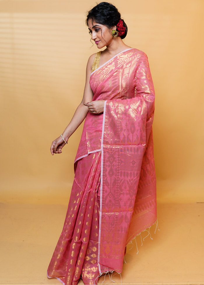 Pink Khadi Cotton Saree With Blouse Piece