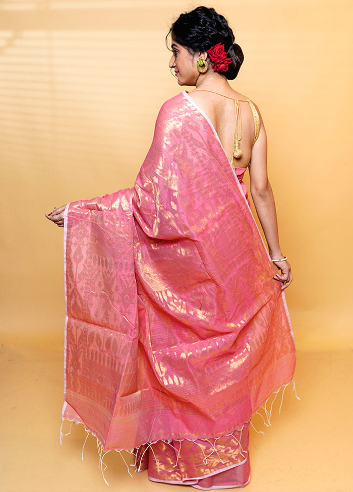 Pink Khadi Cotton Saree With Blouse Piece