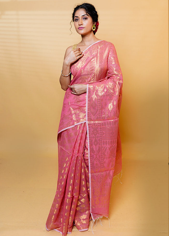 Pink Khadi Cotton Saree With Blouse Piece