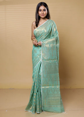 Green Cotton Saree With Blouse Piece