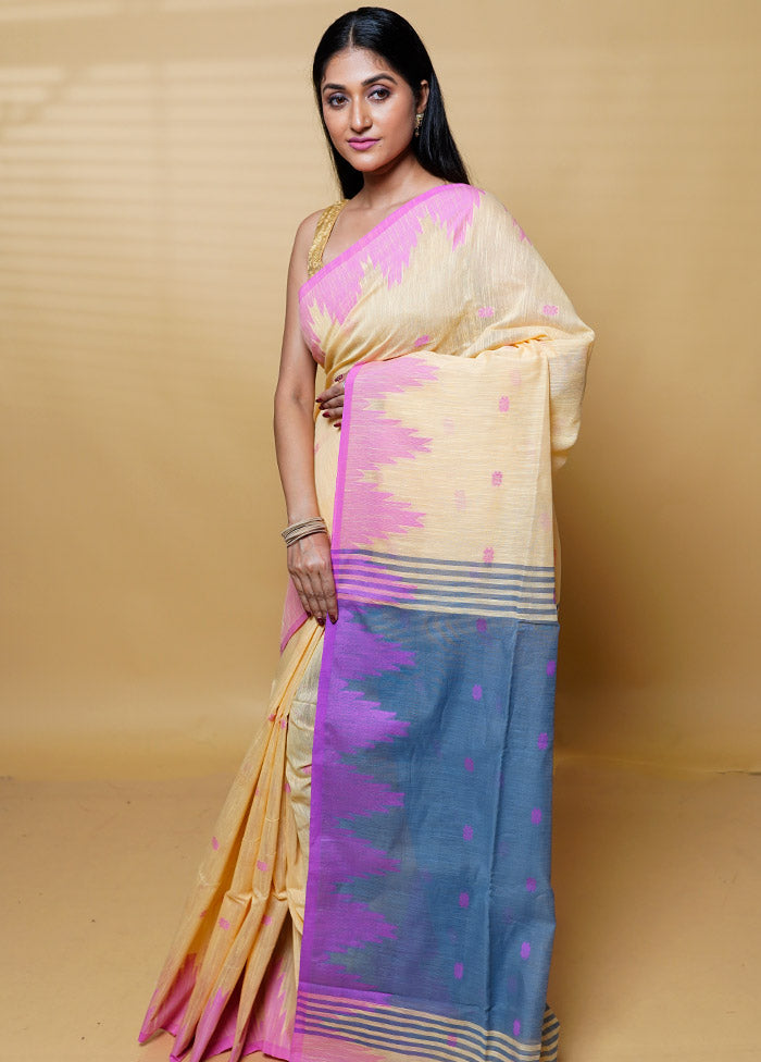 Yellow Khadi Cotton Saree With Blouse Piece