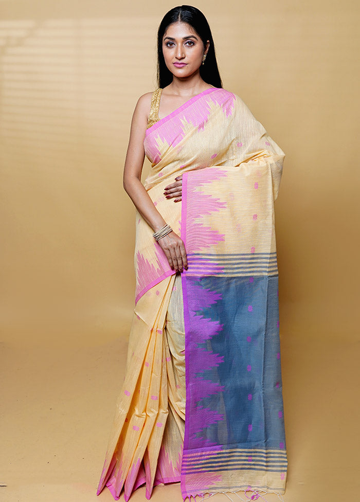 Yellow Khadi Cotton Saree With Blouse Piece