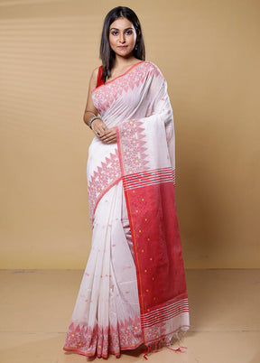 White Khadi Cotton Saree With Blouse Piece