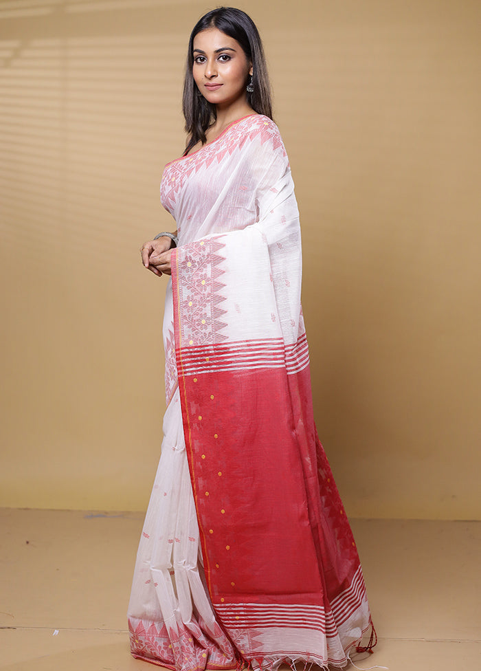 White Khadi Cotton Saree With Blouse Piece