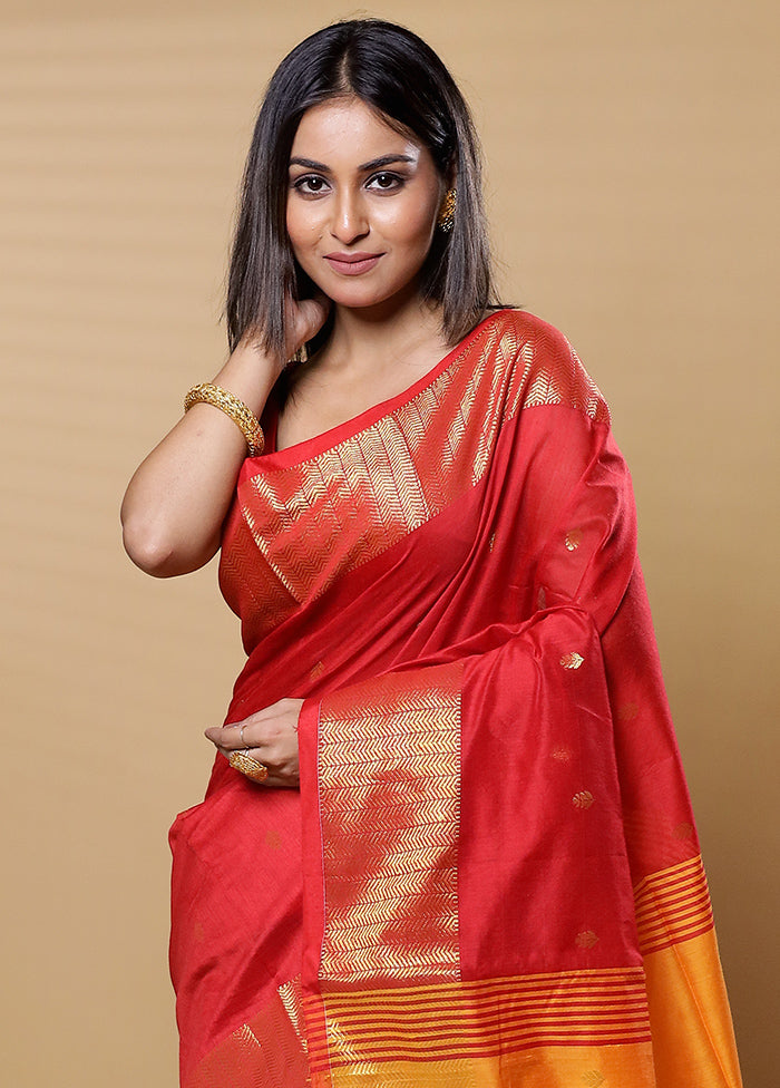 Orange Khadi Cotton Saree With Blouse Piece