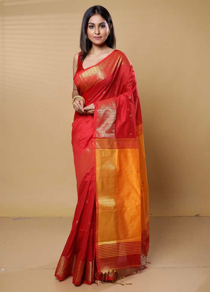 Orange Khadi Cotton Saree With Blouse Piece