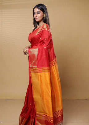 Orange Khadi Cotton Saree With Blouse Piece