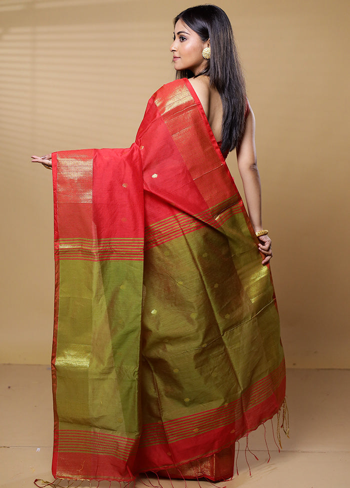 Red Khadi Cotton Saree With Blouse Piece