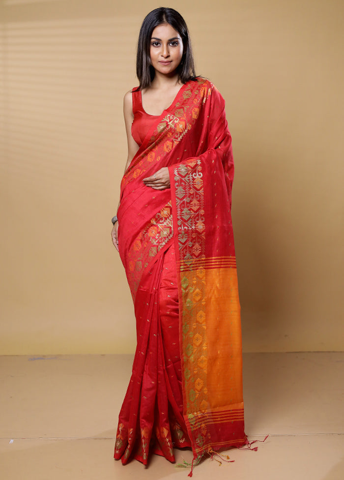 Red Khadi Cotton Saree With Blouse Piece