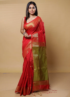 Red Khadi Cotton Saree With Blouse Piece