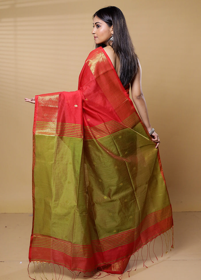 Red Khadi Cotton Saree With Blouse Piece