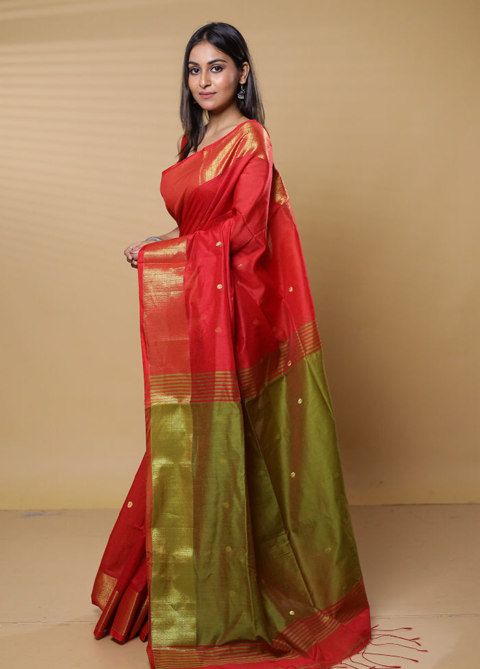 Red Khadi Cotton Saree With Blouse Piece