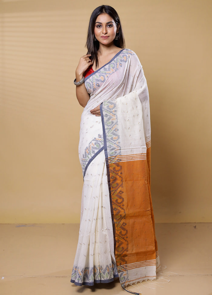 White Khadi Cotton Saree With Blouse Piece