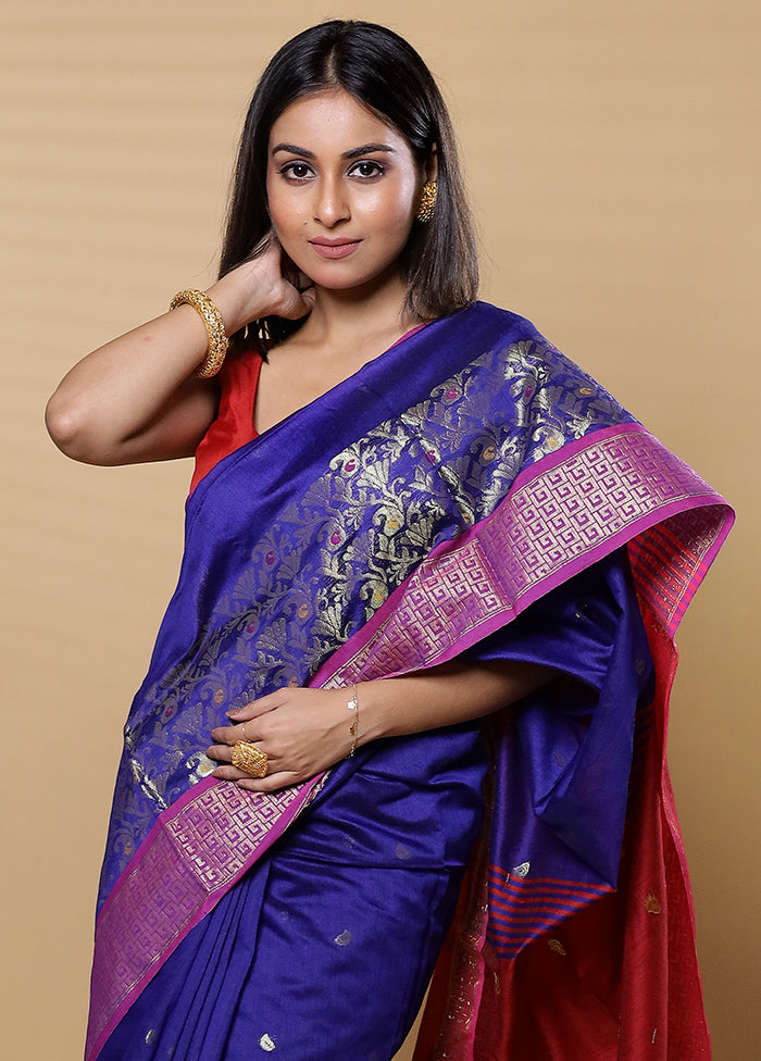 Blue Khadi Cotton Saree With Blouse Piece