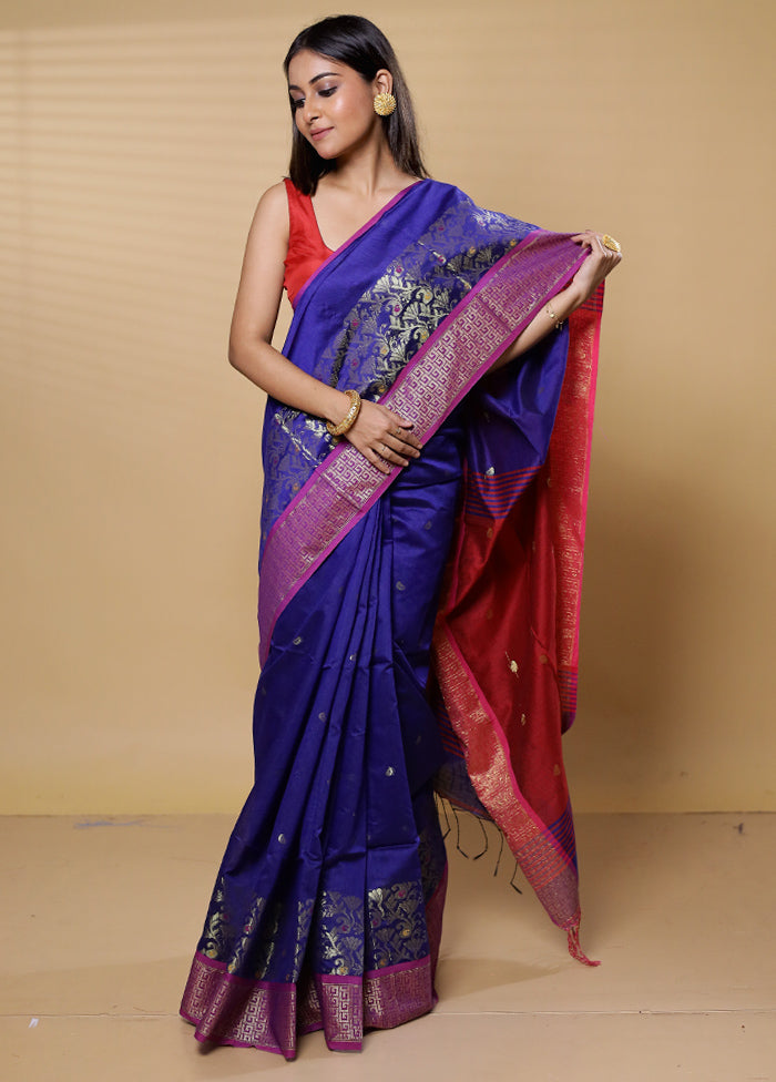 Blue Khadi Cotton Saree With Blouse Piece