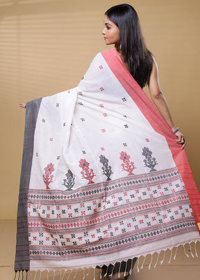 White Khadi Cotton Saree With Blouse Piece