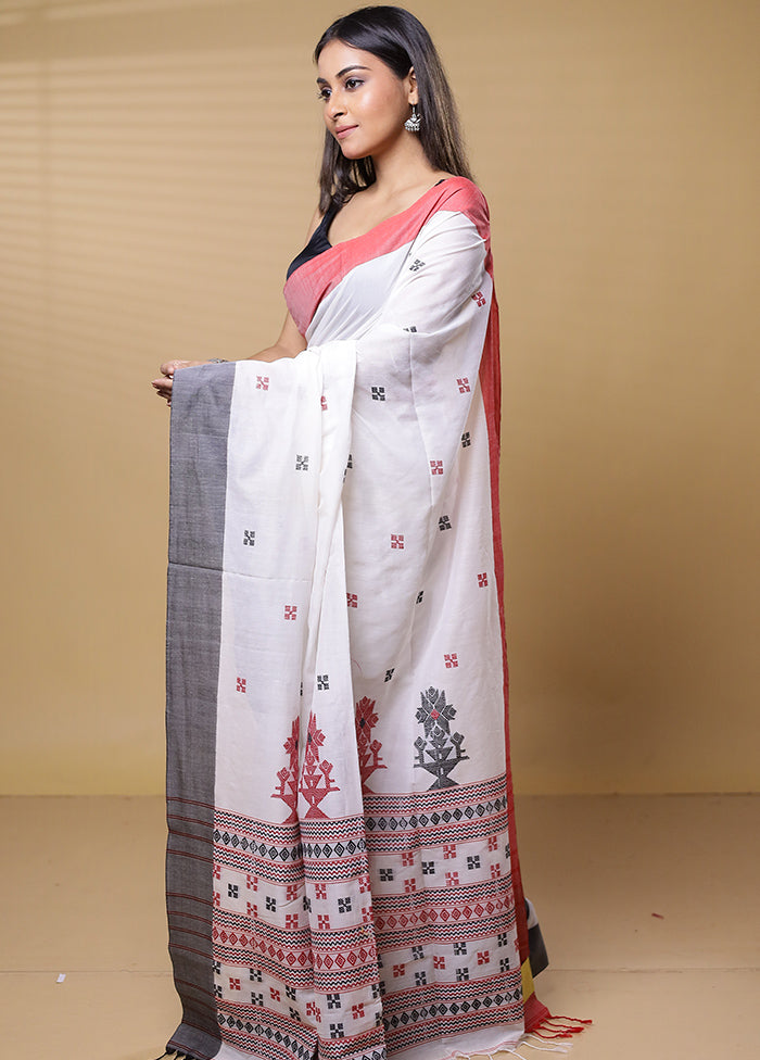 White Khadi Cotton Saree With Blouse Piece