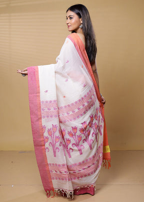 White Khadi Cotton Saree With Blouse Piece