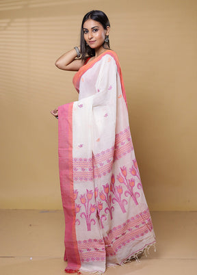 White Khadi Cotton Saree With Blouse Piece